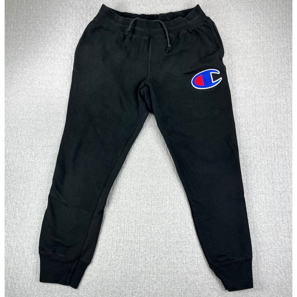Champion Sweatpants Mens Large Black Reverse Weave Big Logo Joggers C Patch